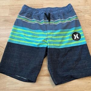 Hurley Boys Blue and Green Striped Shorts, Size 10/12. (Missing size tag)